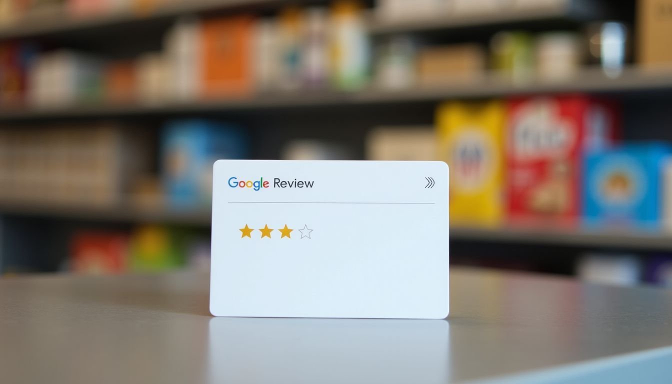 A Google Review card on a checkout counter in a store, with products in the background.