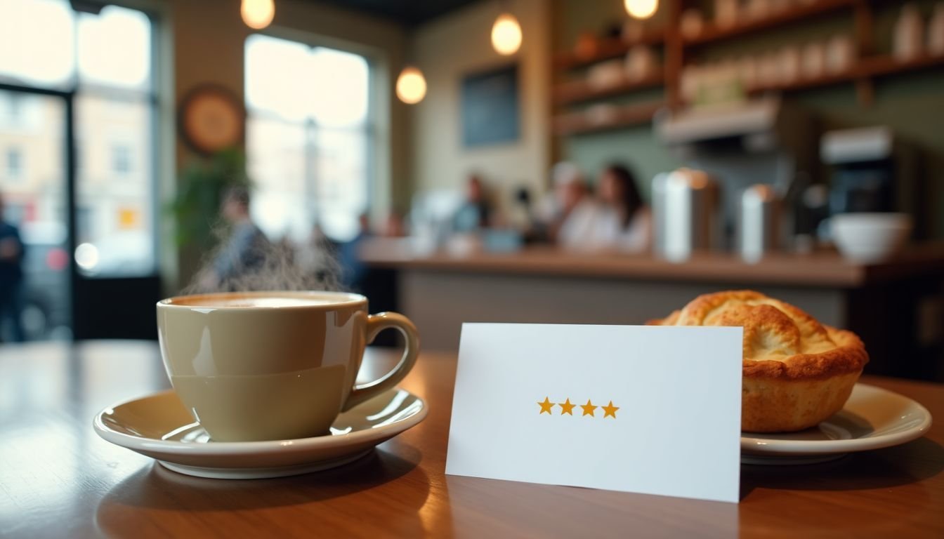 A cozy coffee shop with a Google review card, coffee, and pastry on the counter.