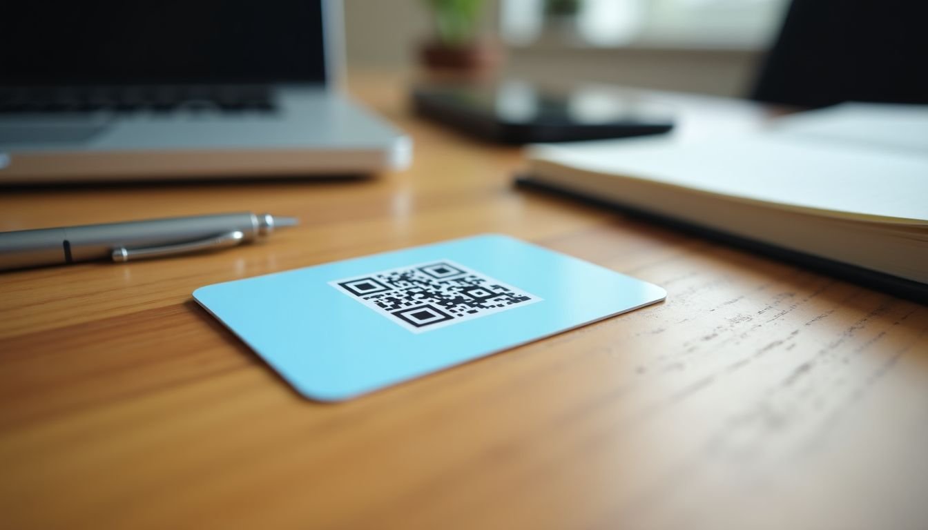 The image shows an NFC card with a QR code on a wooden table in a work-related setting.