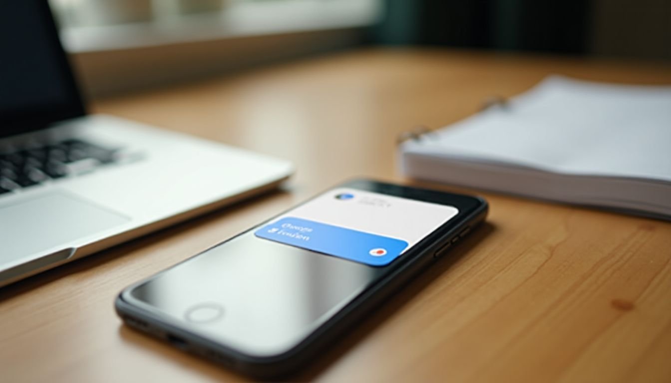 A Google Review Card and notepad on a wooden desk in natural light.