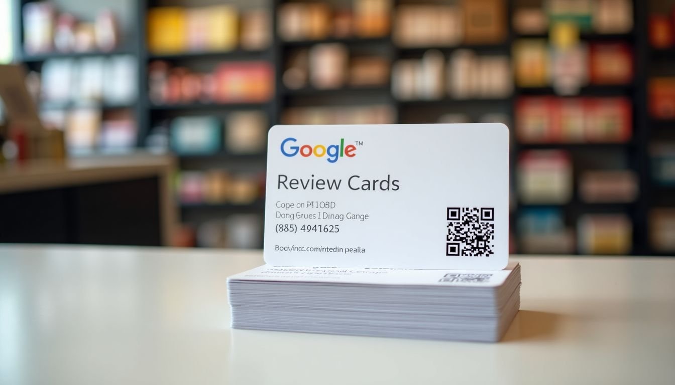 A stack of Google Review Cards with QR codes and business logos on a store's checkout counter.