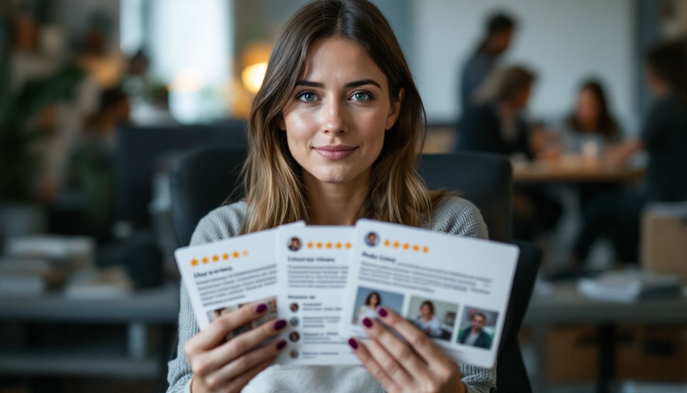 A woman holding Google Review Cards in a casual office setting.